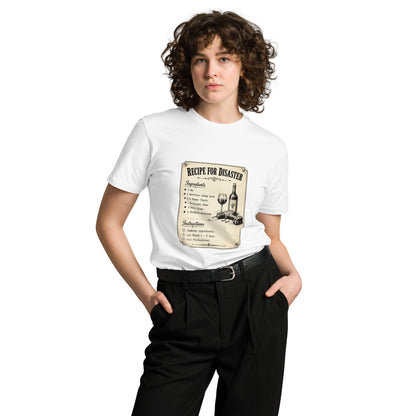 White unisex premium T-shirt with "Recipe for Disaster" design, from Wayward.biz, front view showing the graphic and fit.