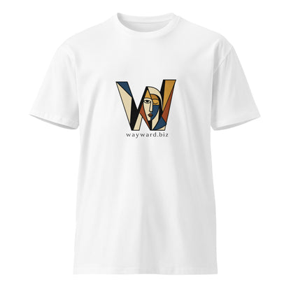 White unisex premium T-shirt by wayward.biz with a simple, clean front design, perfect for casual wear.
