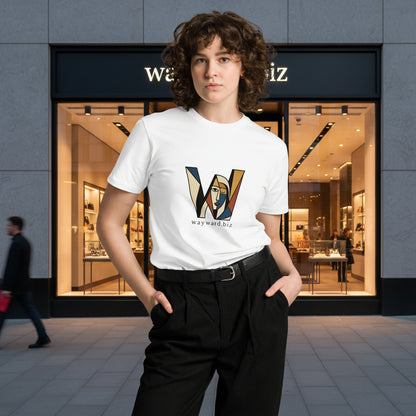 White unisex premium T-shirt by wayward.biz with a simple front design, made from soft, high-quality fabric.