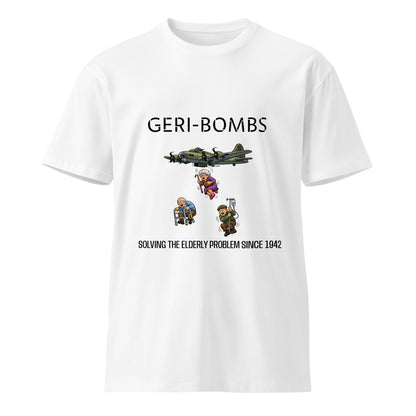 Unisex white Geri-Bombs T-shirt by wayward.biz featuring a front graphic related to solving elderly problems since 1942.