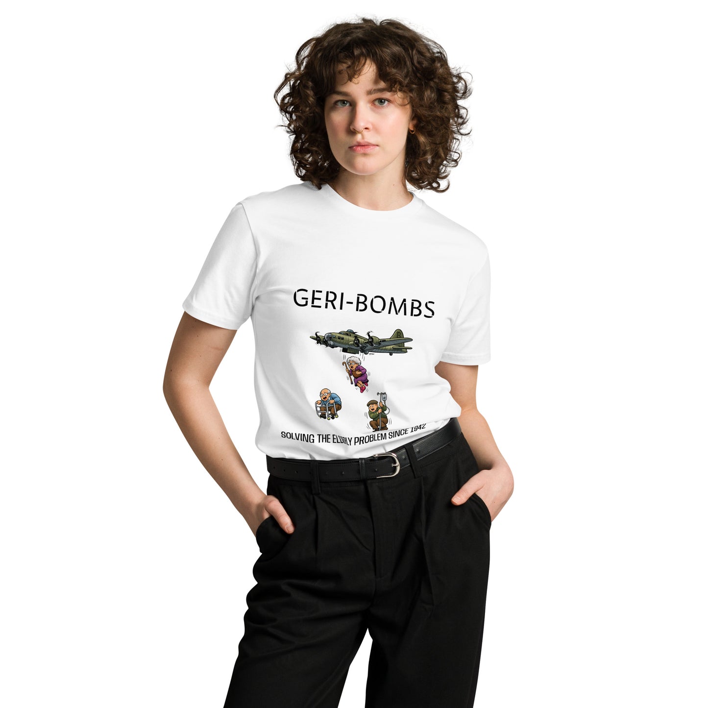White unisex premium T-shirt featuring Geri-Bombs logo and slogan, from wayward.biz, with a front design.
