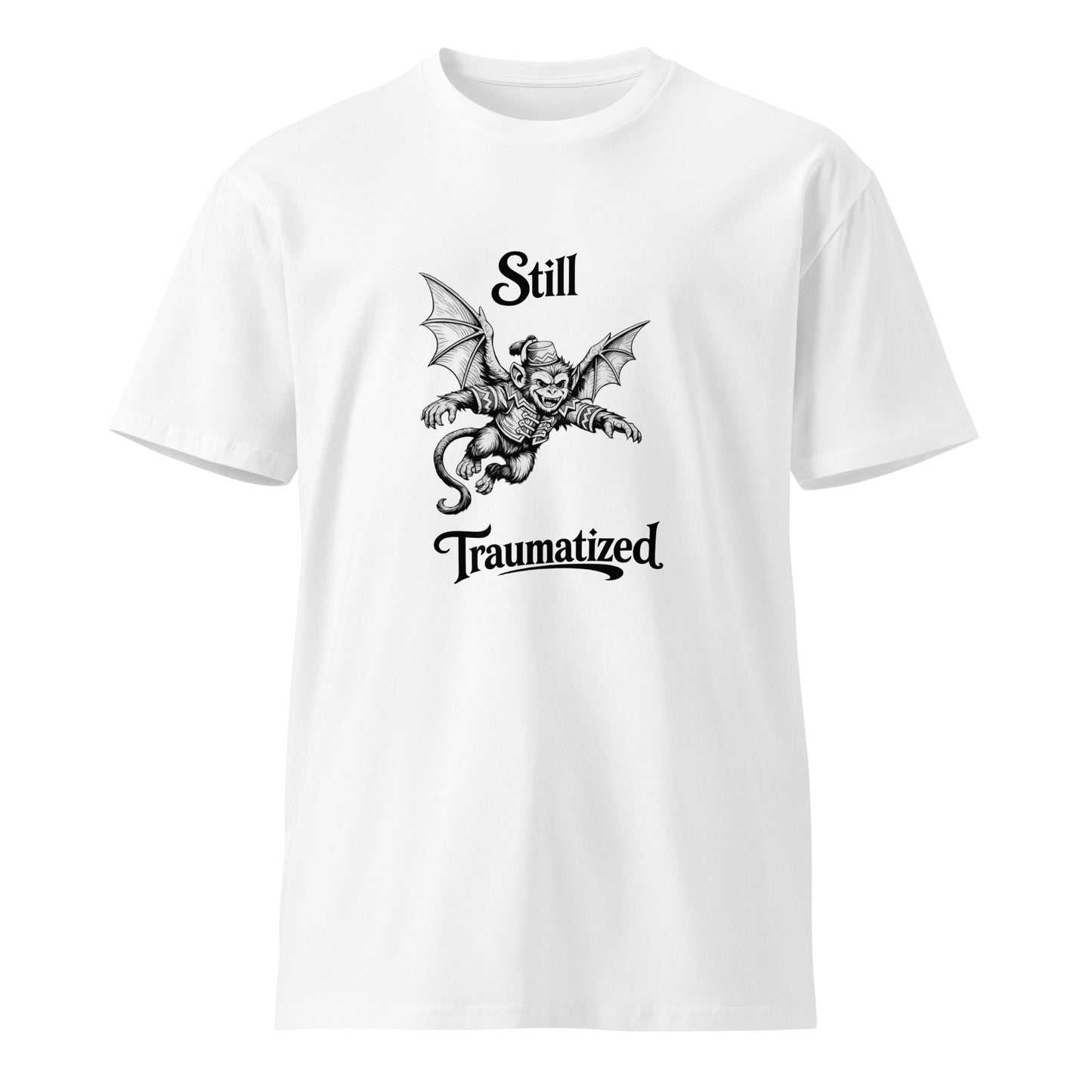Unisex white premium T-shirt featuring a design inspired by flying monkeys, made by wayward.biz.