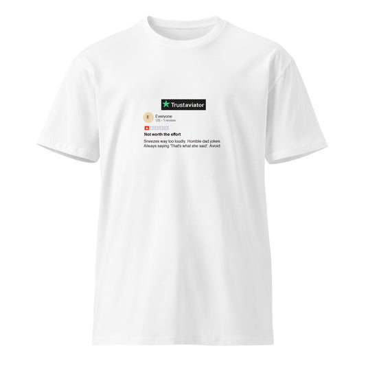White unisex premium T-shirt from wayward.biz featuring a front view, made for comfortable casual wear.
