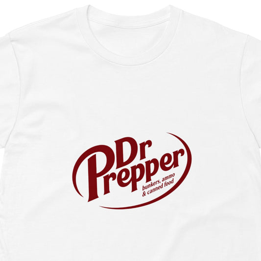 White unisex premium T-shirt featuring a graphic design related to bunkers, ammo, and canned food, from wayward.biz.