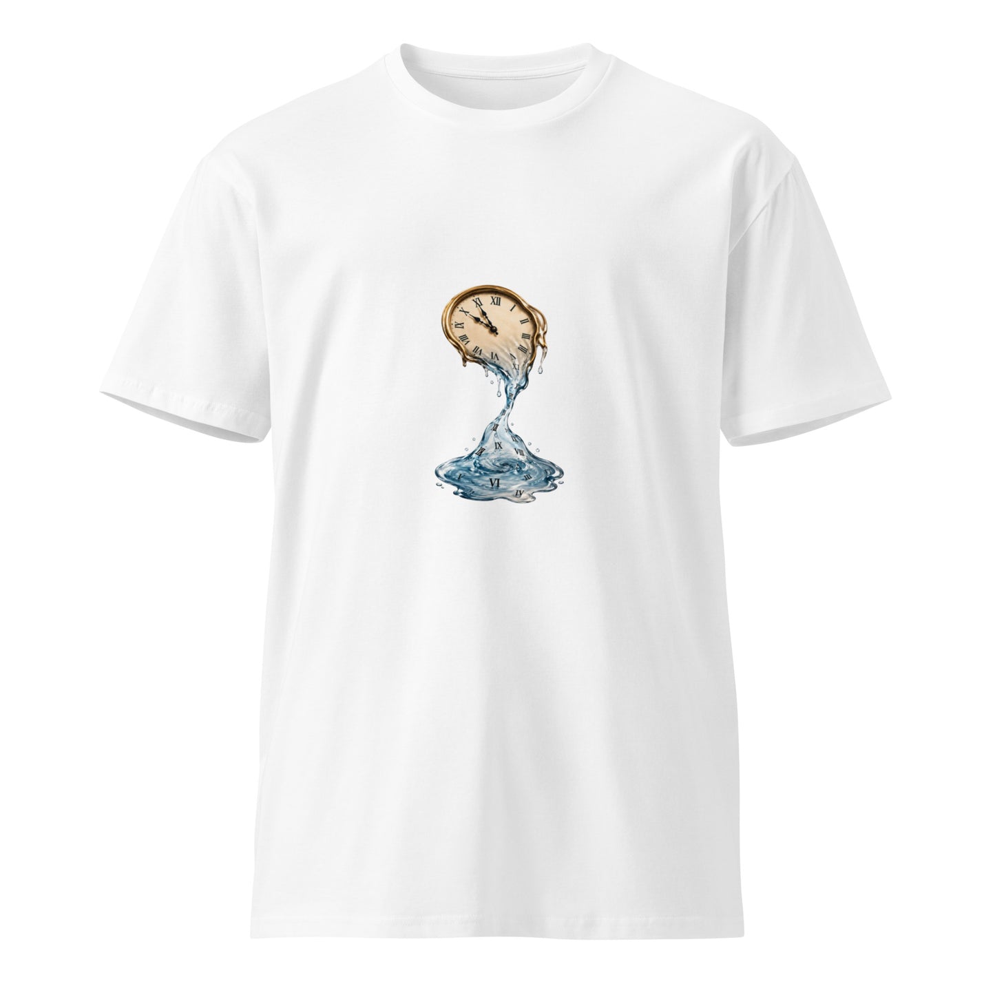 Unisex white premium T-shirt from Liquid Time by wayward.biz, front view showing simple, clean design.