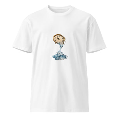 Unisex white premium T-shirt from Liquid Time by wayward.biz, front view showing simple, clean design.