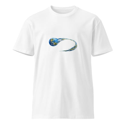 White unisex Morphing Earth premium T-shirt by wayward.biz, front view showing Earth design on soft cotton fabric.