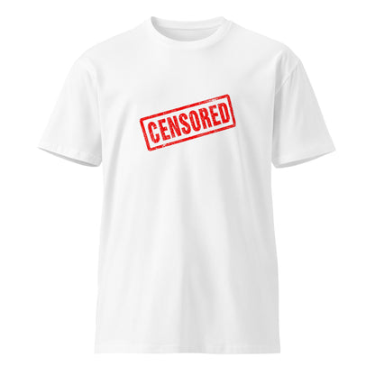 White unisex premium T-shirt from wayward.biz featuring a censored graphic design, front view with clean fabric and casual fit.