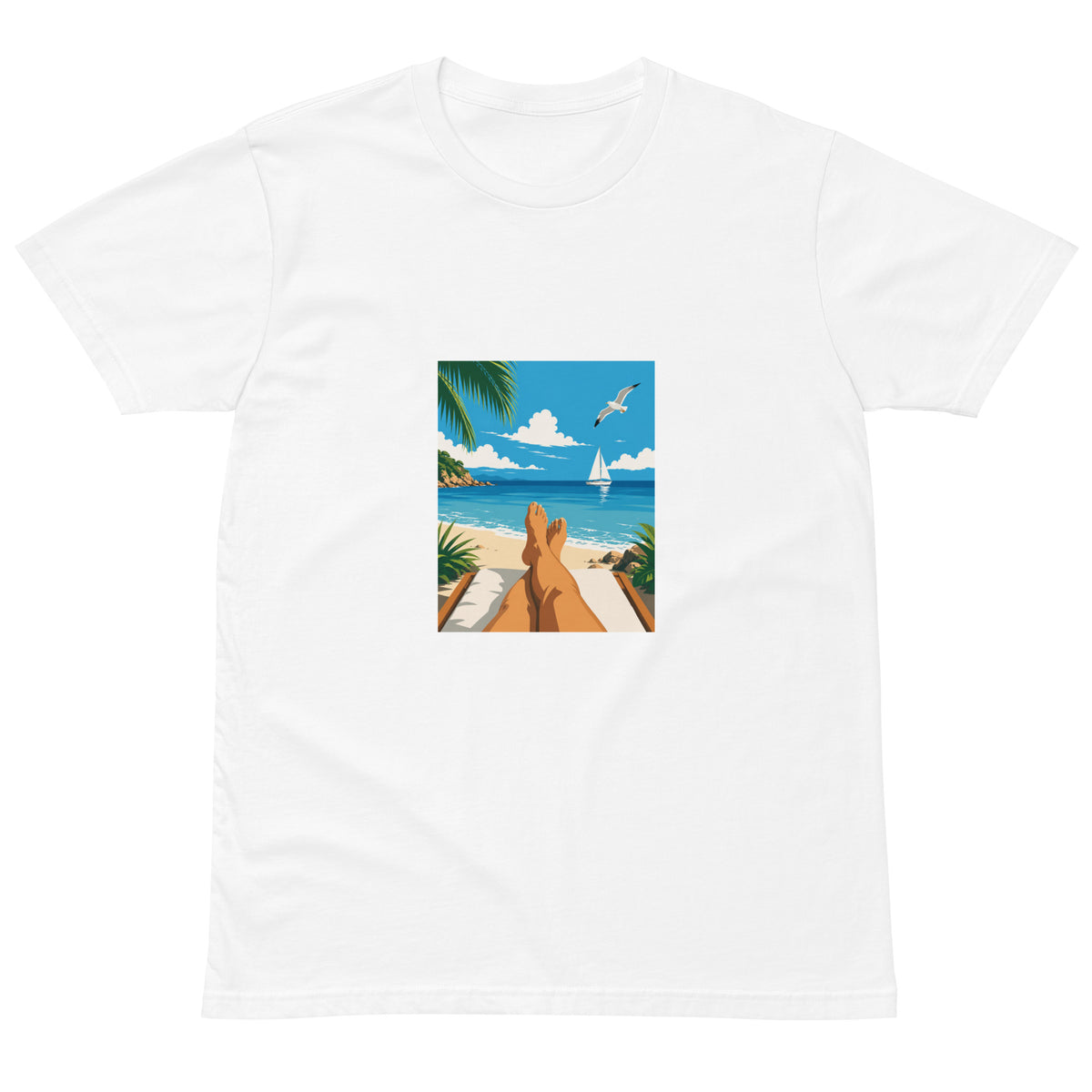 White Sitting Seaside unisex premium T-shirt from wayward.biz, front view showing relaxed fit and seaside graphic design.