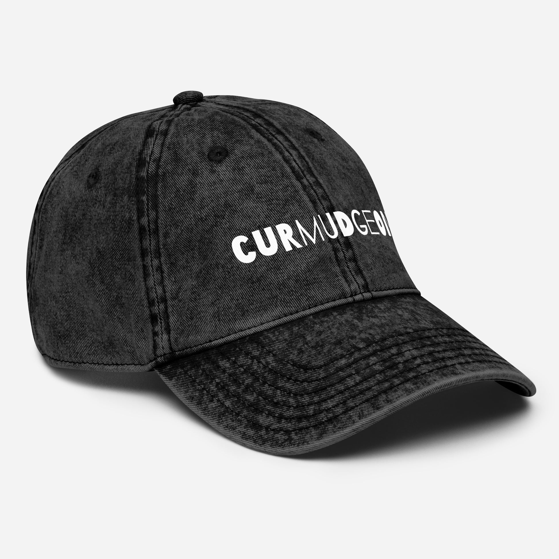 Black vintage cotton twill cap with curved brim, right-front view, by Wayward.biz, classic and stylish men's hat.