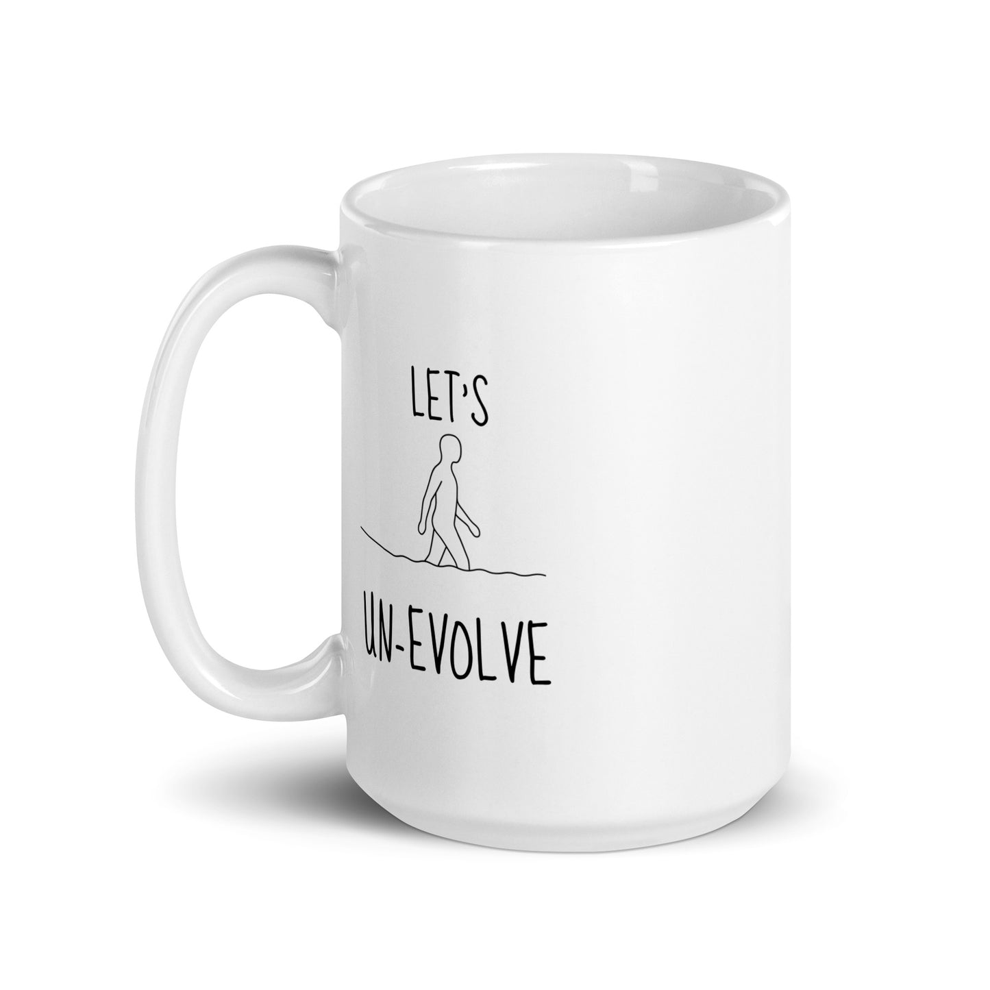 White glossy mug with 15 oz capacity and handle on the left, featuring the Let's Un-evolve design by wayward.biz.