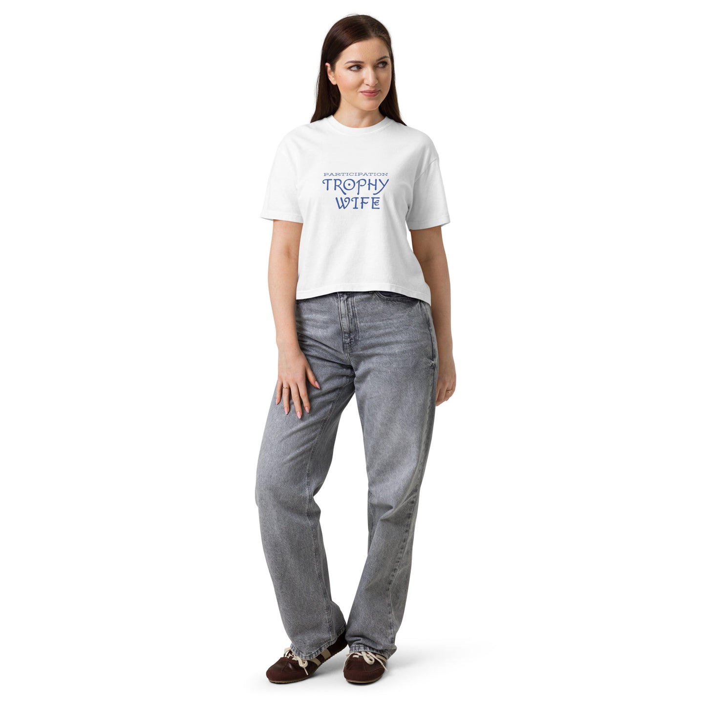 White women's heavyweight boxy T-shirt by wayward.biz featuring a relaxed fit and casual style, front view.