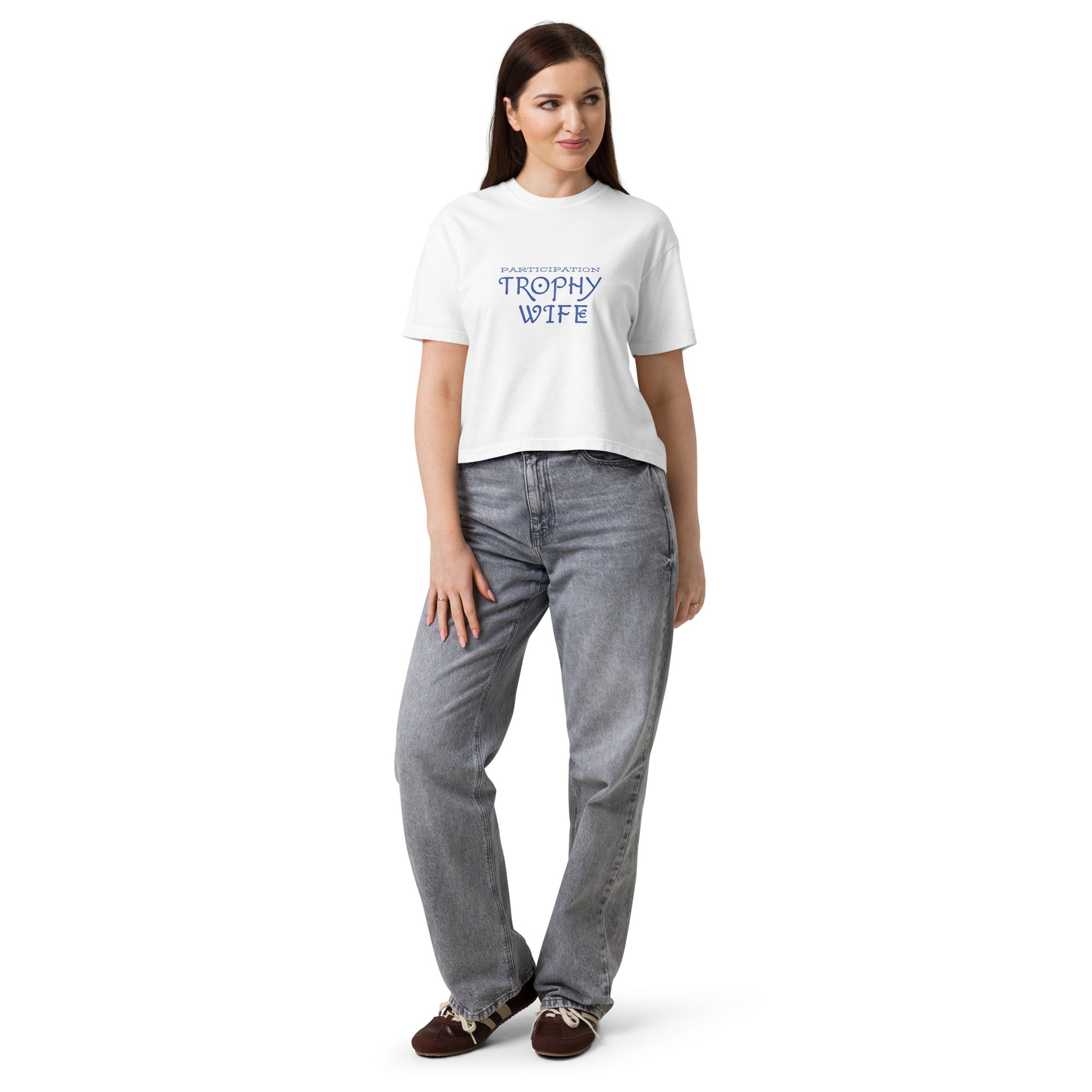 White women's heavyweight boxy T-shirt by wayward.biz featuring a relaxed fit and casual style, front view.